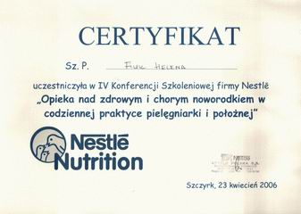 Certyfikat udziau w IV Konferencji Szkoleniowej firmy Nestle