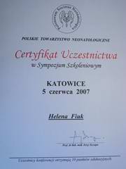 Certyfikat udziau w Sympozjum Szkoleniowym Polskiego Towarzystwa Neonatologicznego