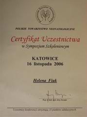 Certyfikat udziau w Sympozjum Szkoleniowym Polskiego Towarzystwa Neonatologicznego