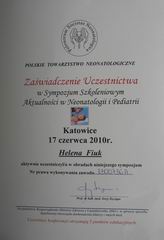 Certyfikat udziau w Sympozjum Szkoleniowym Polskiego Towarzystwa Neonatologii i Pediatrii 2010